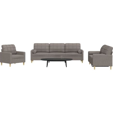 3-tlg. Sofagarnitur mit Dekokissen Taupe Stoff (1/5)