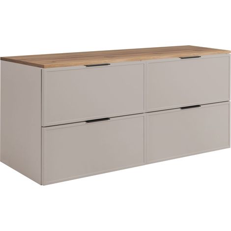 Rodan Waschbeckenunterschrank Slim 120,6 cm, Cashmere, 46 x 100 x 58,6 cm, wandhängend, braune Platte, 4 Schubladen, 3 Grifffarben inklusive