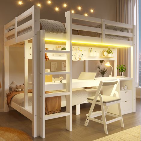 Etagenbett 90x200 und 140x200 mit Schreibtisch, Schubladen, LED, Weiß OKMYHOME (1/5)