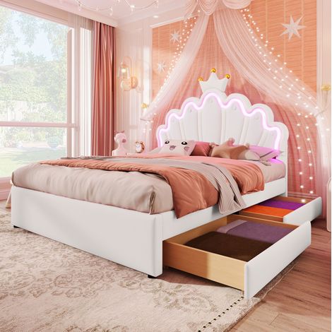 MEUBLIV Lit 140x200 cm blanc – tête réglable, LED et 2 tiroirs, sans matelas (1/5)