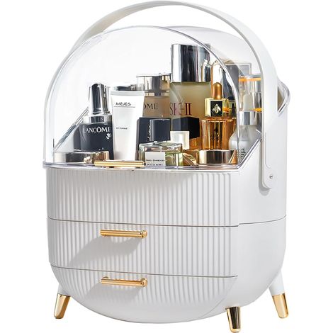Boîte de rangement pour maquillage avec couvercle transparent, étanche à la poussière, convient pour comptoir de salle de bain et coiffeuse de chambre (blanc) (1/5)