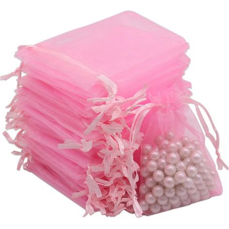 100 sachets en organza rose, 7 x 9 cm, sachets cadeaux, sachets à bonbons pour mariages, fêtes et mariages, cordon en satin (1/5)
