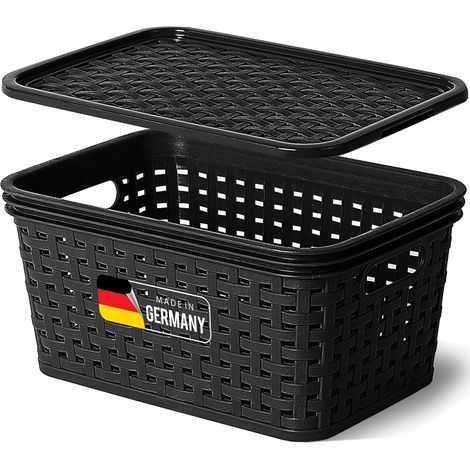 Boîte de rangement Novaliv avec couvercle Mini panier 2L Noir en rotin Panier de rangement alimentaire Boîte empilable Boîte en plastique emboîtable