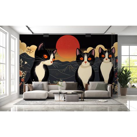 Papier peint animaux - trois chats noirs devant une lune rouge - 150 x 250 cm (1/2)