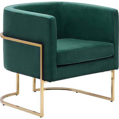 Sillón de terciopelo verde oscuro dorado metal respaldo glamour sala de estar dormitorio Sirkka