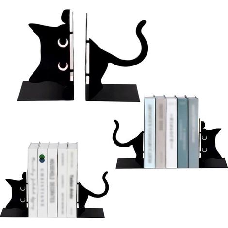 Serre-livres en forme de chat 20 x 16,6 cm - support décoratif pour livres, noir (1/5)