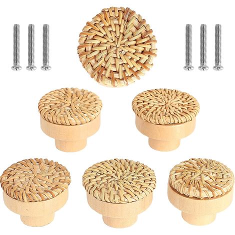 Set di 6 pomelli per mobili in rattan, pomelli per cassetti, pomelli per porte in stile bohémien, maniglie rotonde in legno per cassettiere, armadi, credenze e armadietti da cucina. (1/5)