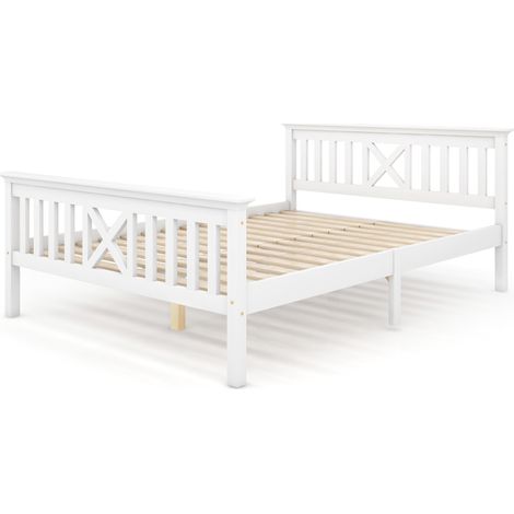 Cama matrimonial de pino 140 x 200 cm blanca con somier de lamas y cabecero en X (1/5)