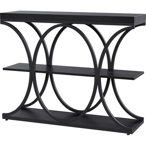 Table d’entrée industrielle table console 3 étagères avec cadre métallique demi-cercle, rangement en bois, 100 cm, noir (1/5)