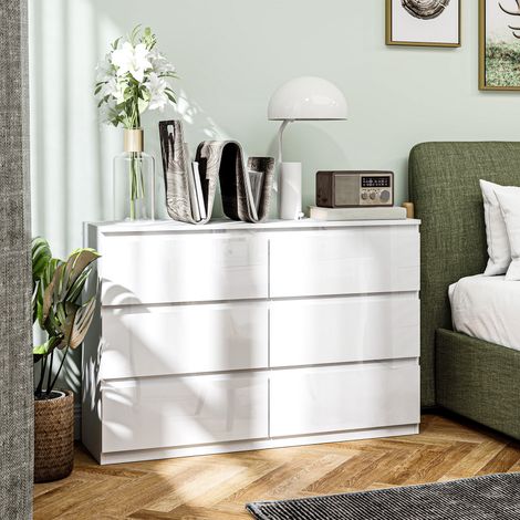 Cómoda Dormitorio con 6 Cajones Cajonera para Salón Oficina Estilo Moderno 112x34x75 cm Blanco Brillo (1/5)
