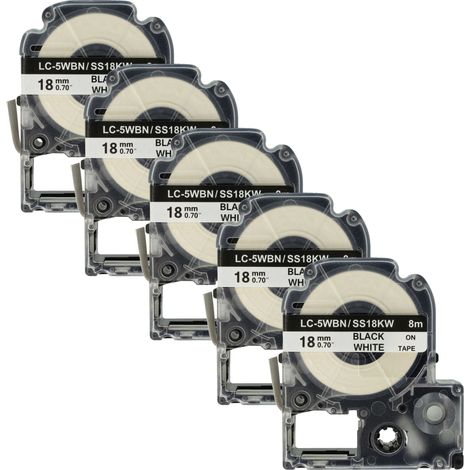 vhbw 5x Label Tape compatible with KingJim SR550, SR530C, SR6700D, SR750, SR950 Label Printer 8m x 18 mm, Black on White, plastic (1/4)