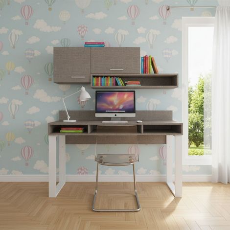 Scrivania con pensili design moderno e libreria sospesa - Angolo studio completo - Grigio fumo