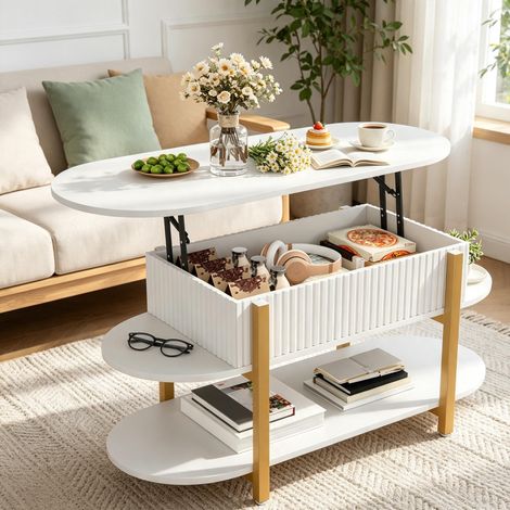 Table basse relevable – plateau ovale – rangement intégré – design moderne – blanc (1/5)