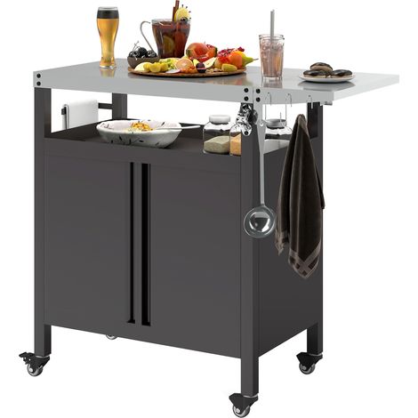 Chariot barbecue acier inoxydable tablette pliable crochets 116 x 50 x 93 cm noir