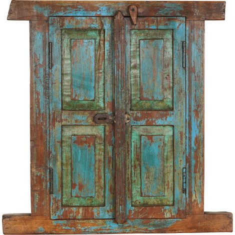 Solid wood and old medieval iron window grille with interior or exterior frame (1/5)