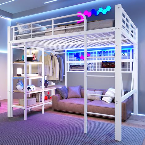 Lit mezzanine métal blanc 140x200 cm avec étagère, filet de rangement, barre de suspension et LED