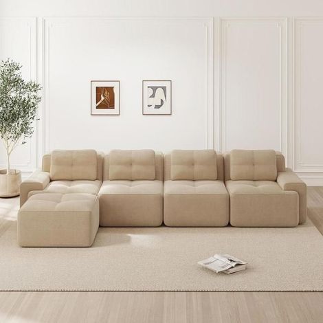 Canapé - KOMHTOM - Modulable 4 places méridienne droite - Velours côtelé beige - Base antidérapante - 382x177x69 cm (1/5)