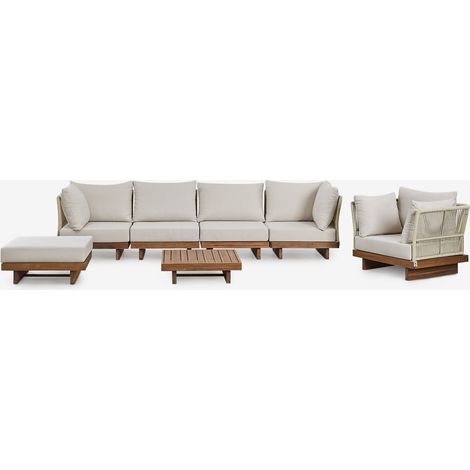 Conjunto de jardín con sofá modular 4 piezas de 2 sillones esquineros, mesa de centro, sillón y puff en madera de acacia Dailin SKLUM              (1/5)