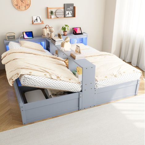 Cama multifuncional moderna 90/180x200 cm gris en madera y MDF, con LED, enchufes integrados y arcón hidráulico (1/5)