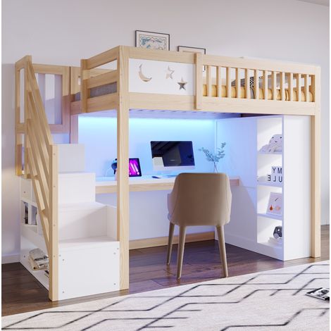 Lit mezzanine enfant 90x200 en bois blanc/naturel avec rangement, sans matelas FloraGrace (1/5)