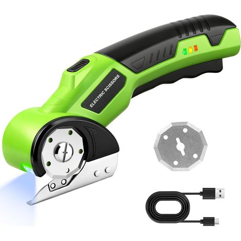 Coupe-carton, ciseaux électriques 4 V, cutter rotatif sans fil avec verrouillage de sécurité, cutter universel, cutter rotatif rechargeable, ciseaux à piles pour papier, carton, moquette, cuir, feutre (1/5)