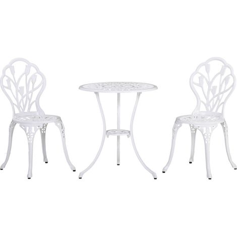 Outsunny Ensemble Salon de Jardin 2 Places 2 chaises + Table Ronde Fonte d'aluminium Imitation Fer forgé Blanc (1/5)