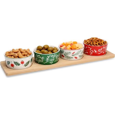 Juego de 5 cuencos de porcelana para aperitivos con bandeja de bambú