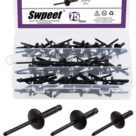 Kit de 75 rivets aveugles en aluminium à bride large tout noir, rivets pop de type extrémité ouverte de 3/16" x 3/8" / 4/5" / 1", rivets pop noirs pour usage intérieur et extérieur (1/5)