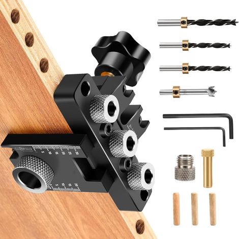 Gabarit de Perçage 3-en-1, Menuiserie Guide Percage Oblique/Droit 8/10/15 mm, Outil Auxiliaire de Cheville avec Clip de Positionnement Complet pour Travaux de Menuiserie Meuble en Bois