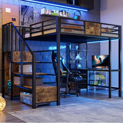 Lit mezzanine 140 x 200 cm en métal noir avec bureau, rangements, LED et prise (1/5)