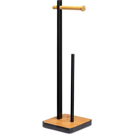 Croydex Bamboo & Black Freestanding Toilet Roll Holder, Matt Finish, 62.5cm H