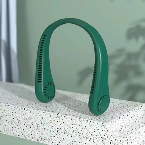 Ventilador de cuello portátil con 3 velocidades y flujo de aire de 360°, ideal para viajes, trabajo de oficina y actividades al aire libre. Verde. (1/5)