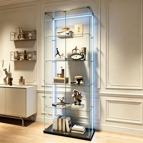 Vitrine en verre trempé avec LED, 2 Portes, Dimensions 78.5x34.5x186.5 cm, Meuble de rangement transparent, étanche à la poussière, Convient pour salon, bibliothèque