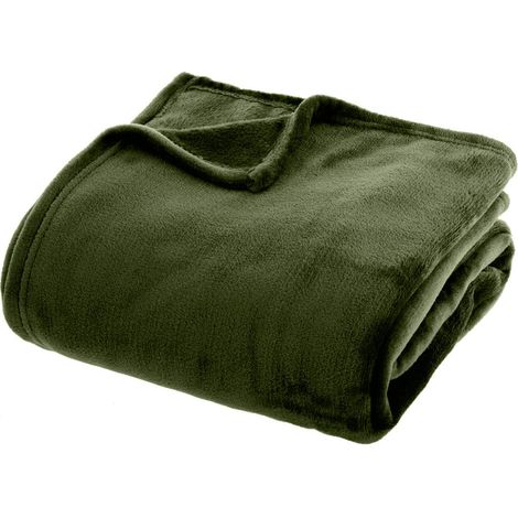 Atmosphera – Plaid flanelle vert kaki 180 x 230 cm – Tissu ultra moelleux – Lavable à 30°C – Label OEKO-TEX