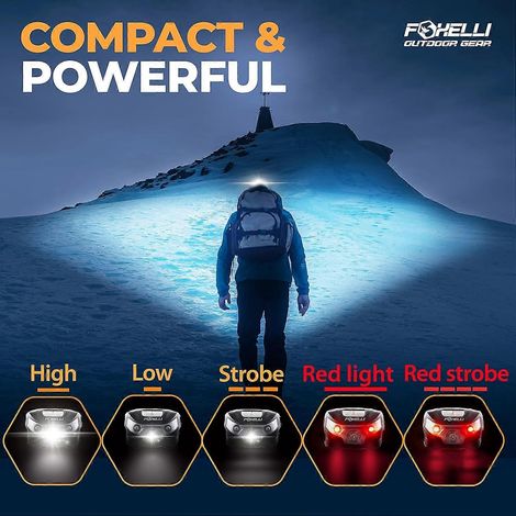 Lampe frontale LED rechargeable USB-C Foxelli – Lampe frontale ultra-lumineuse et légère pour la course, le camping, la randonnée et le travail – Confortable pour les adultes et les enfants (1/5)