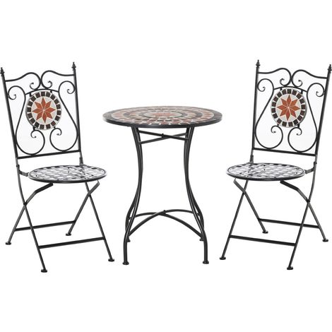 Gartenset Balkonmöbel Set Für 2 Personen Mosaiktisch 2 Faltbare Stühle Metall Mehrfarbig