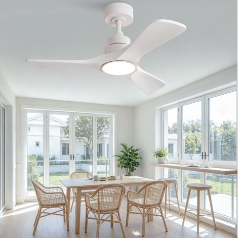Ventilatore da soffitto 36 pollici bianco con pale in legno, luce LED 3 CCT, motore DC reversibile silenzioso, telecomando wireless, 6 velocità per ambienti compatti CHICFURN (1/5)