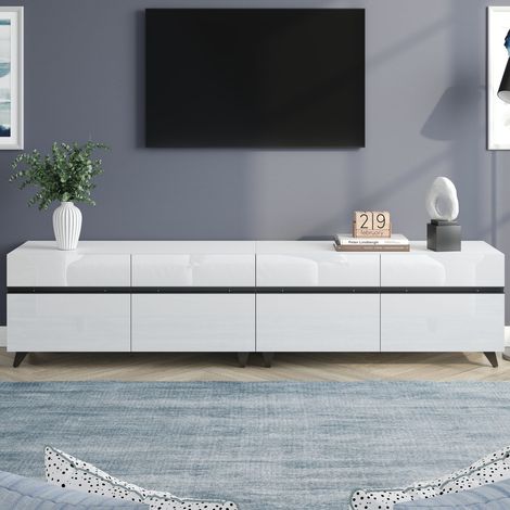 Meuble tv 180x40x49cm blanc brillant avec 4 portes et cloisons réglables, pour tv 80 pouces (1/5)