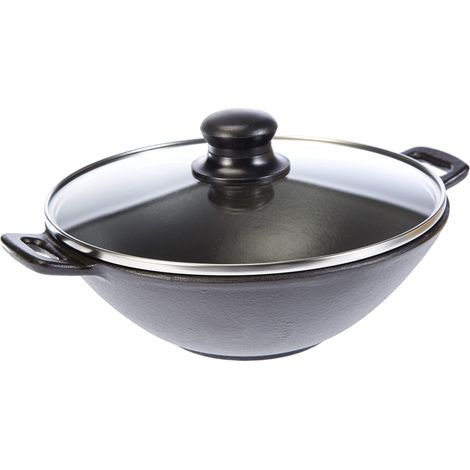 Wok en fonte avec couvercle en verre 24 cm, Mini set avec grille de cuisson, baguettes, pince en bois, petit, à induction, poêle wok 1,6L avec couvercle (1/5)