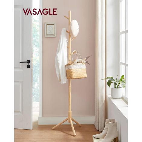 VASAGLE Appendiabiti su piedi, in legno, a forma di albero, 8 ganci, 3 altezze regolabili, per abbigliamento, cappelli, borse, ingresso, soggiorno, camera da letto, ufficio, colore legnoso (1/6)