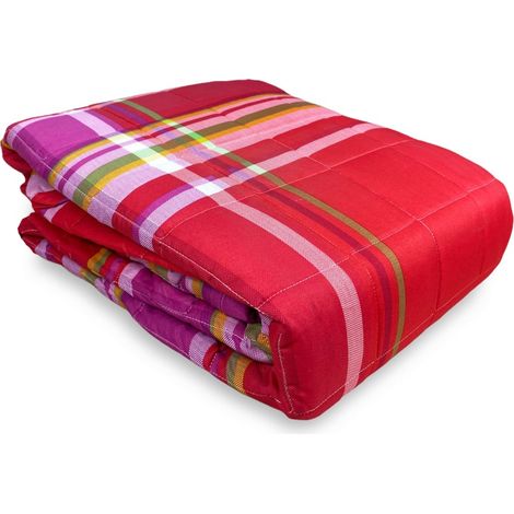 COUVERTURE matelassée SPRING écossais ROUGE et FUCHSIA 1 CARRÉ ET DEMI