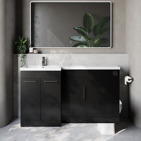 Napoli 390 Matt Black 1500mm 3 Door Vanity Unit Toilet Suite with Left Hand Square Lucia Basin - 1500mm - Gunmetal Grey 160mm HandleWithout Kingston Toilet Pan