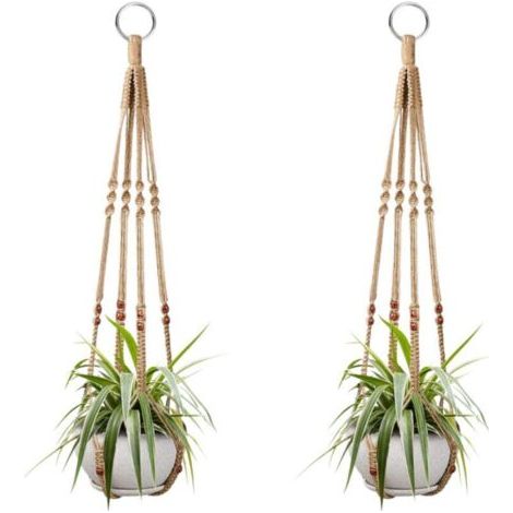 [Suspension végétale] Paniers suspendus 85 cm en coton et lin avec perles bois, pour plantes d'intérieur, design rétro moderne. (1/4)