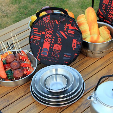 Ensemble de vaisselle en acier inoxydable 12 pièces, résistant aux chocs, comprenant assiettes plates, bols et ustensiles de cuisine pour le camping, les pique-niques, les barbecues et les fêtes. (1/5)