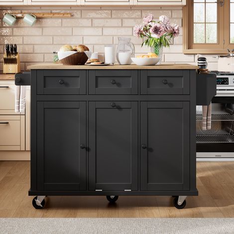 Îlot de cuisine mobile, plan rabattable 112x46,2x92,7 cm, noir, MDF et panneaux de bois FloraGrace (1/5)