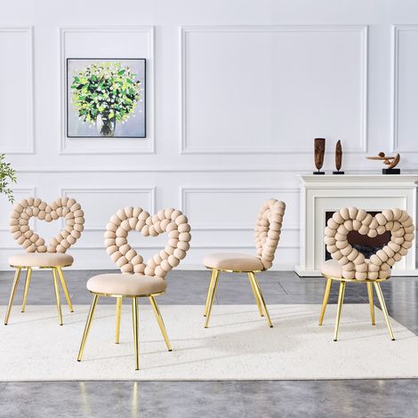 Lot de 2 chaises de salle a manger en velours beige clair, pieds metal noir, dossier decoratif,44×54×81cm (1/5)