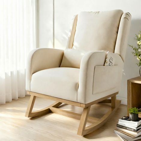 Fauteuil à bascule beige avec dossier rembourré épais - Avec coussin d'appui et deux poches latérales - 93 x 68 x 96 cm - Pieds en bois - Lin - Scandinave (1/5)
