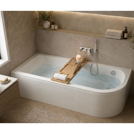 Baignoire d'angle asymétrique gauche 170 x 75 cm - blanc - sans tablier, pieds, vidage chrome, plateau bambou - OASIS