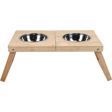 Bol élévé pour chat et chien en bambou et acier inoxydable double, support surélevé multifonctionnel pour animaux, gamelle haute avec socle en bois, lot de 2, idéal repas confortables. (1/5)