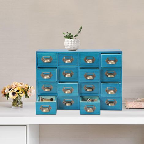 Boîte de rangement de tiroir de bureau à 16 compartiments, armoire à pharmacie vintage, casier utilitaire pratique, épices, médicaments, 50  10  35cm (bleu)